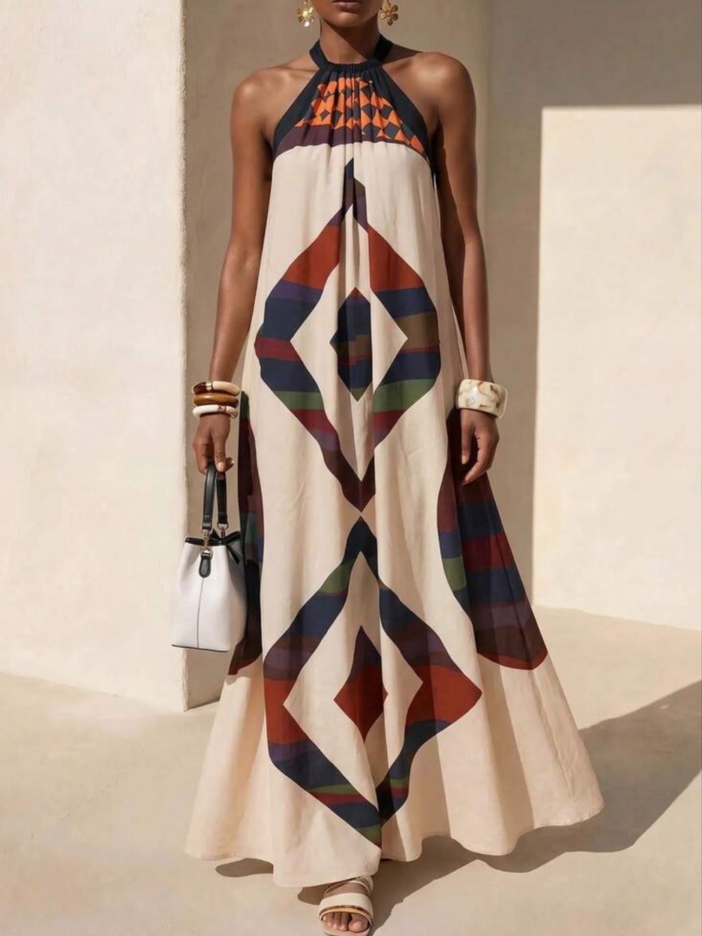 Cream Halter Maxi Dress with Geometric Print
